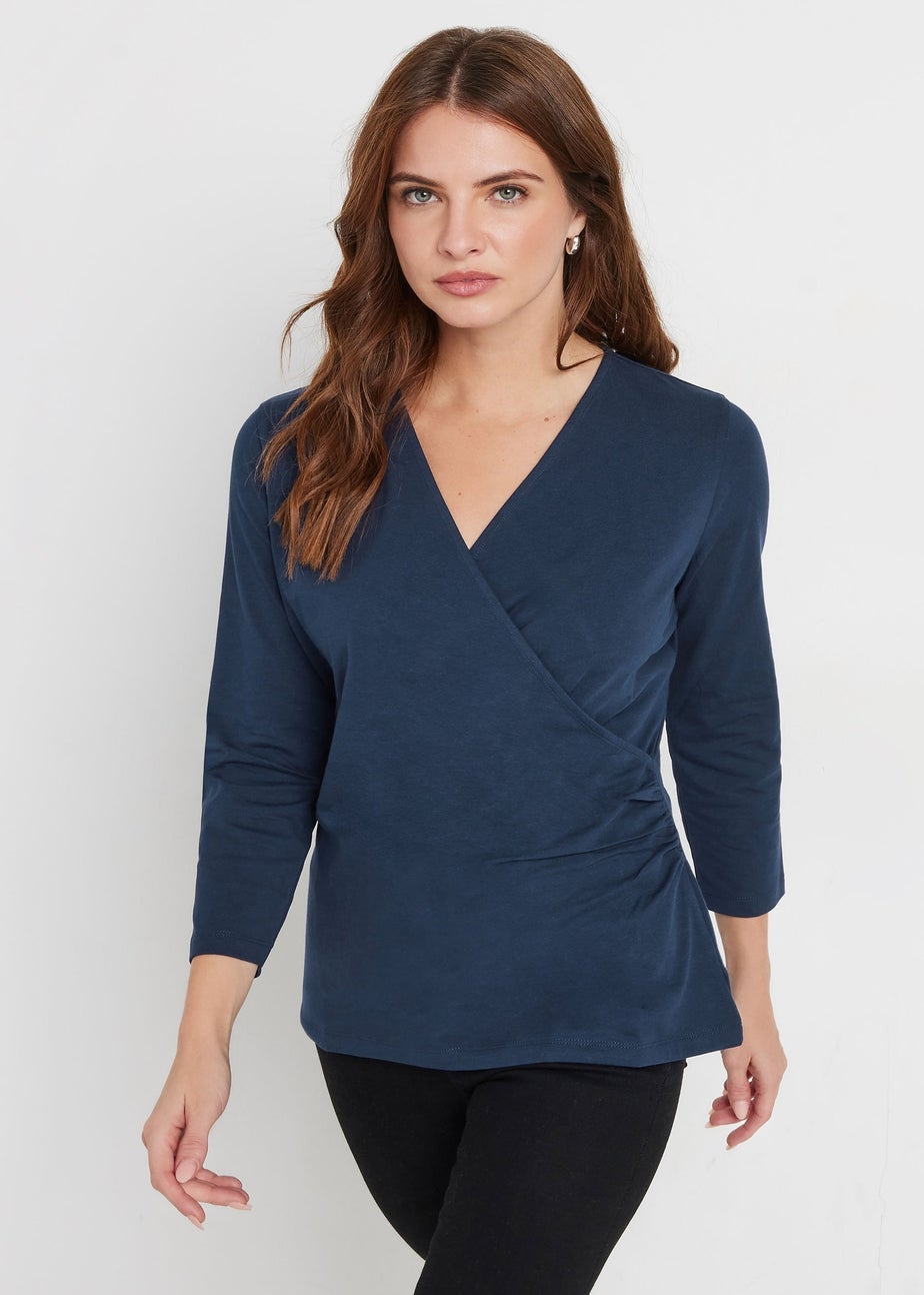 M&Co Navy Blue 3/4 Sleeve Wrap Top