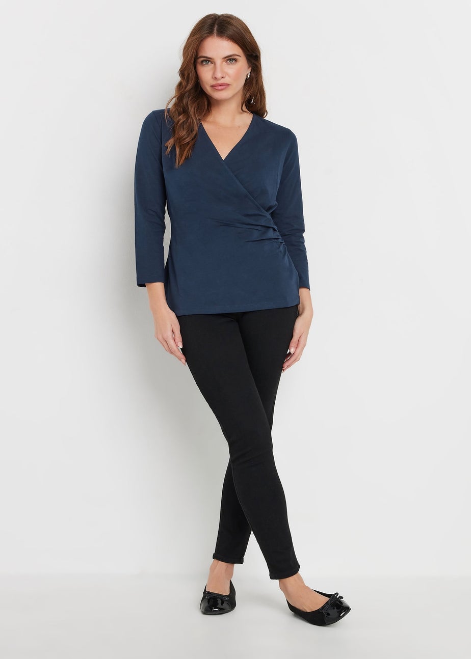 M&Co Navy Blue 3/4 Sleeve Wrap Top