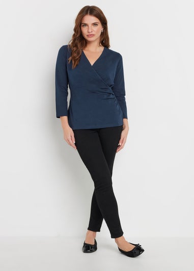M&Co Navy Blue 3/4 Sleeve Wrap Top