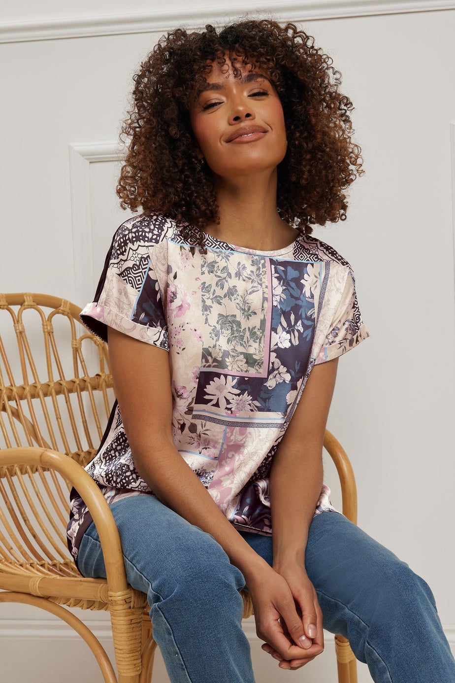 M&Co Navy Blue Scarf Print Top