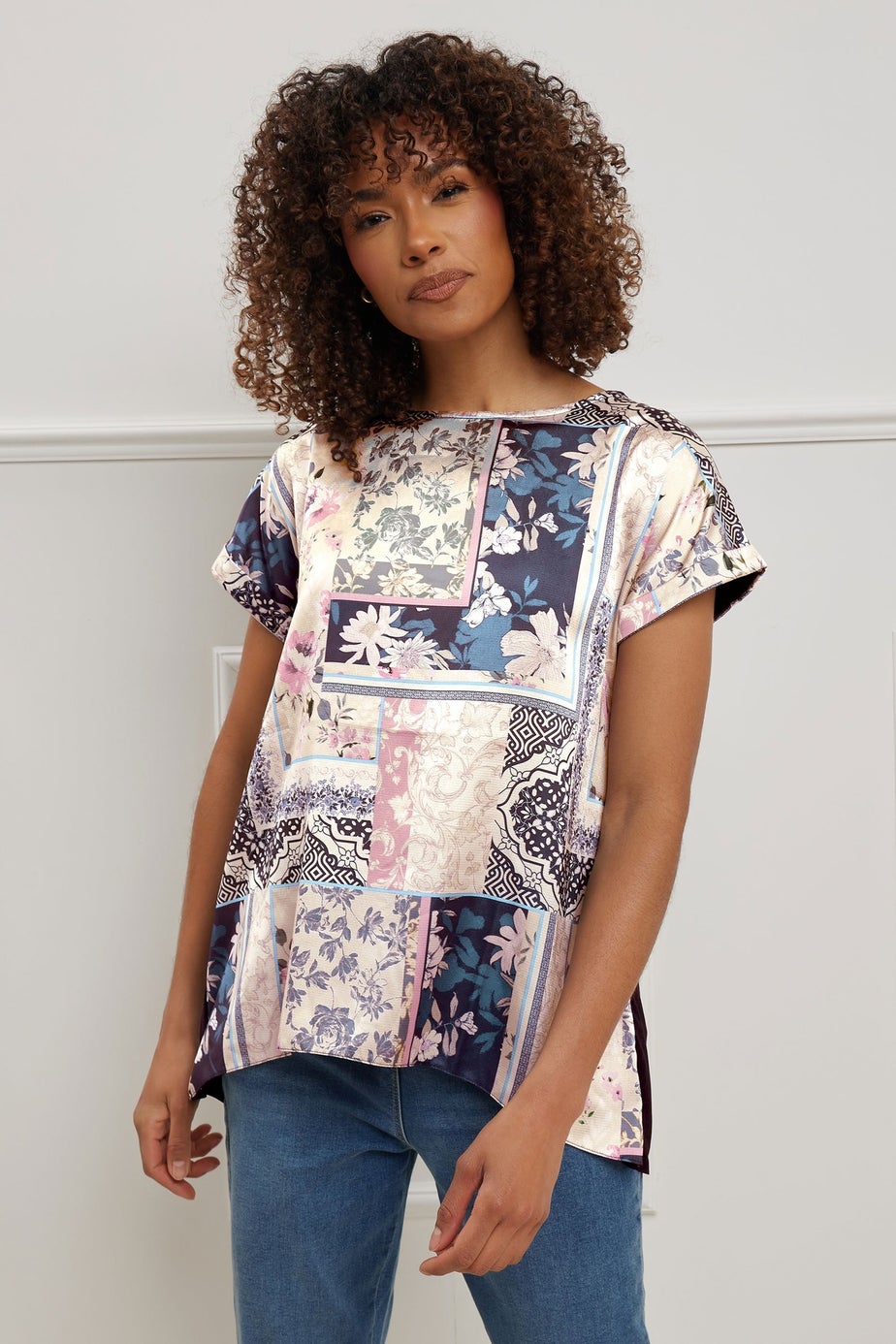 M&Co Navy Blue Scarf Print Top