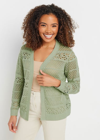 M&Co Sage Green Cotton Open Front Crochet Cardigan