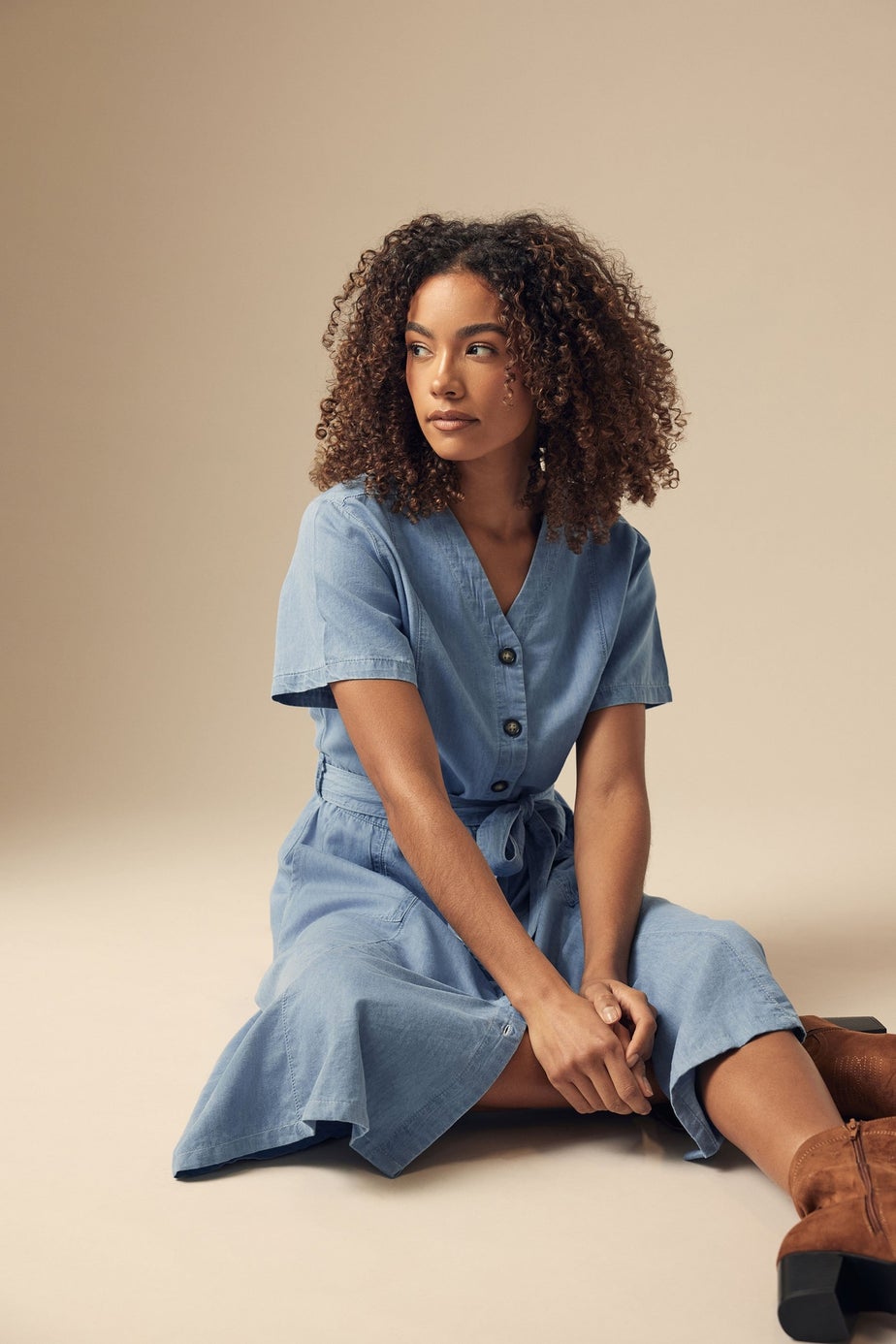 M&Co Blue Collarless Button Through Shirt Dress