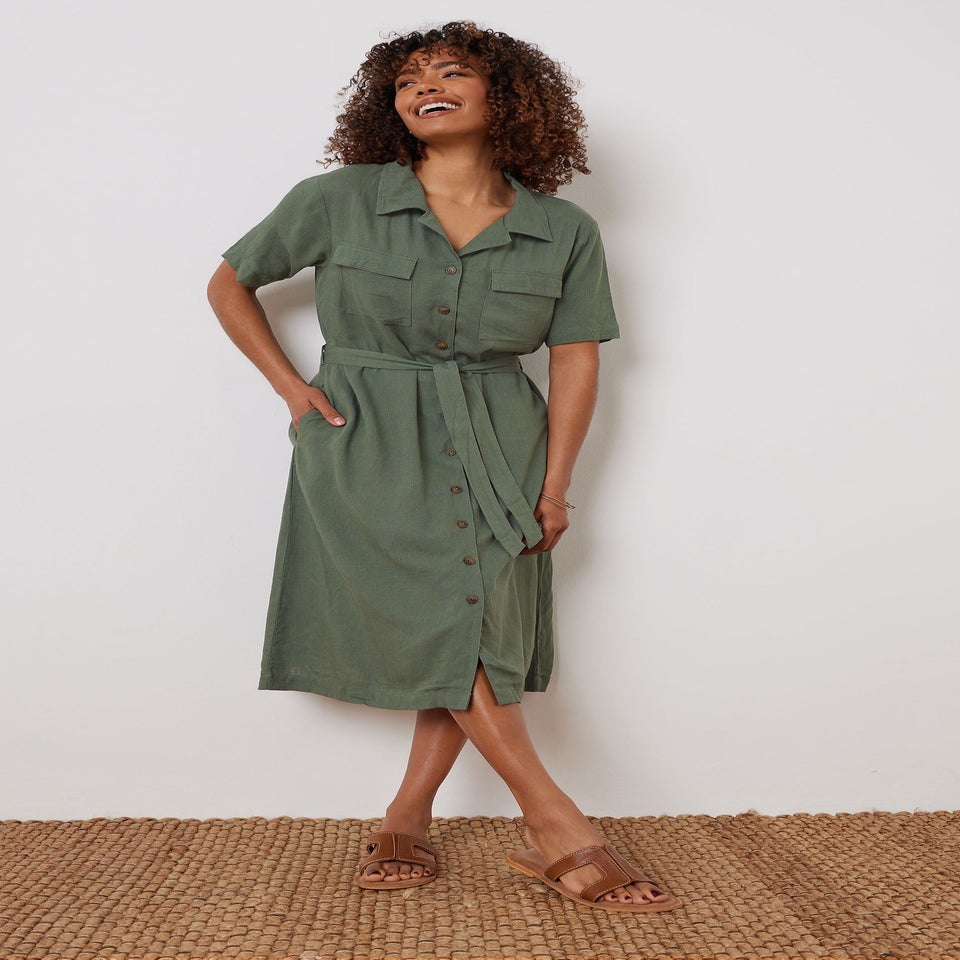 M&Co Khaki Green Linen Shirt Dress