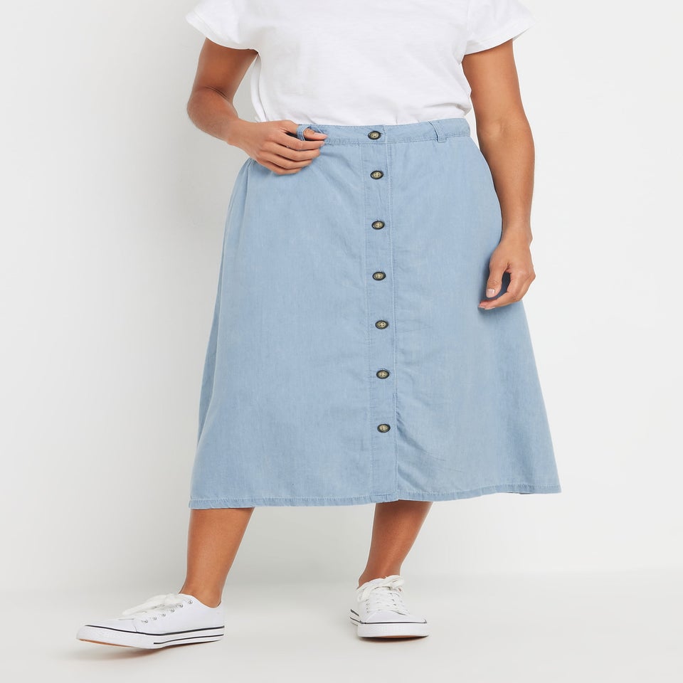 M&Co Light Blue Woven Button Through Midi Skirt