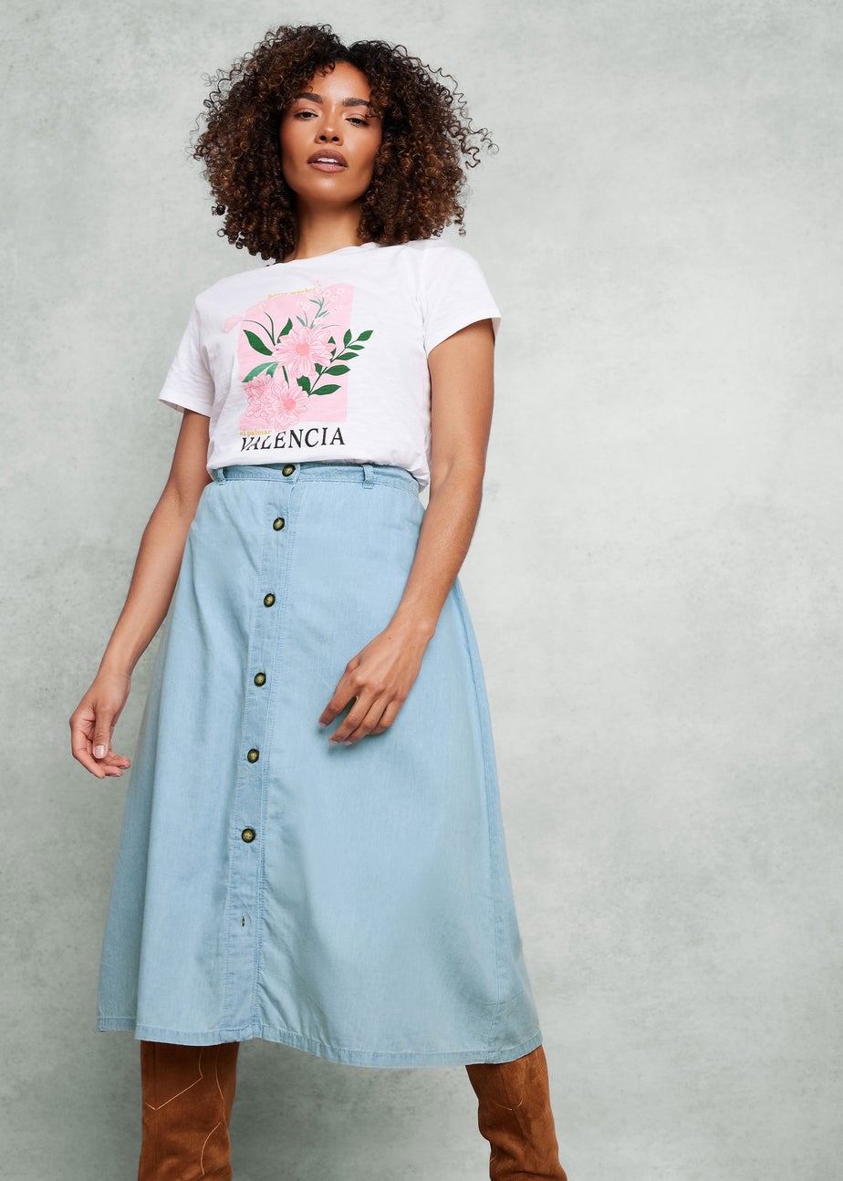 M&Co Light Blue Woven Button Through Midi Skirt