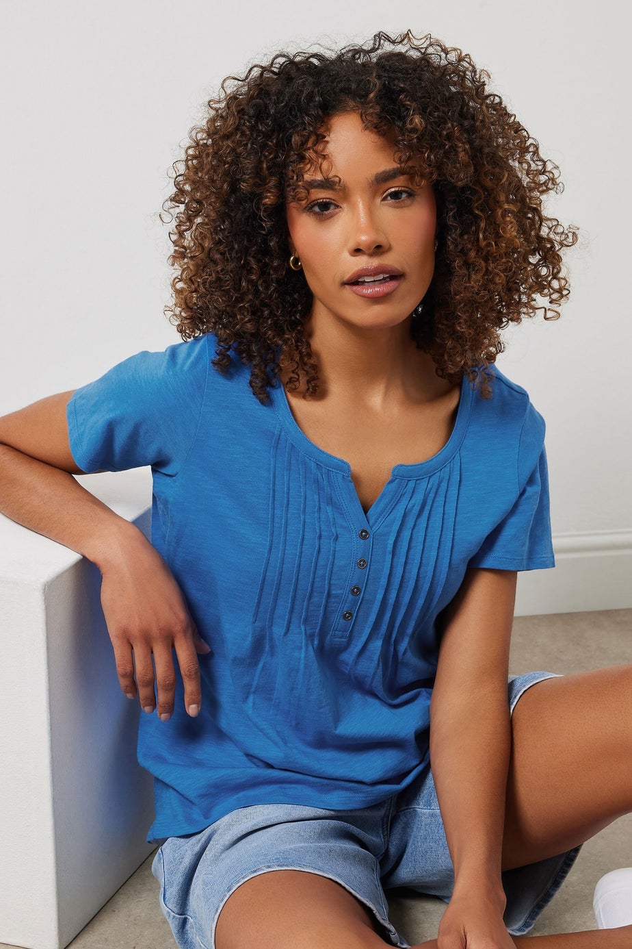 M&Co Cobalt Blue Cotton Short Sleeve Henley Top