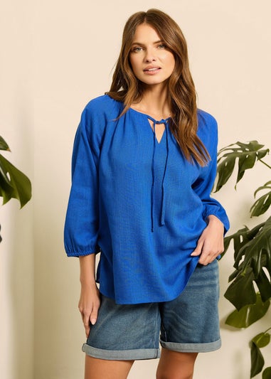 M&Co Blue Tie Neck Linen Blouse