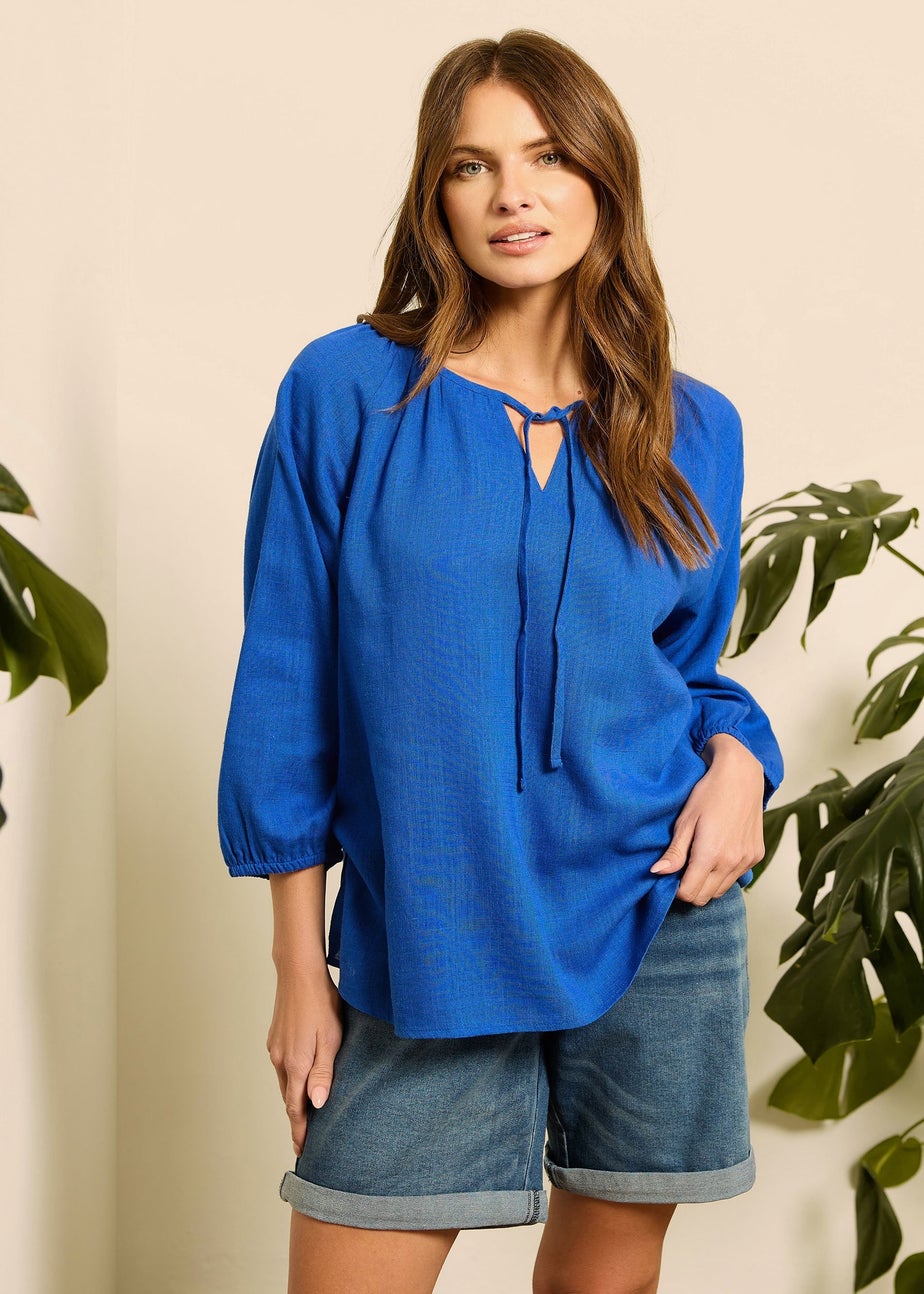 M&Co Blue Tie Neck Linen Blouse