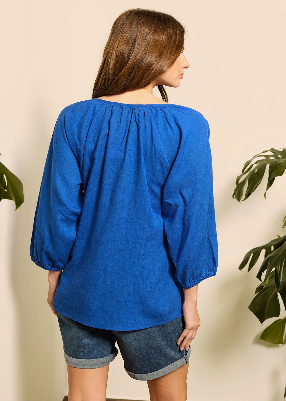 M&Co Blue Tie Neck Linen Blouse