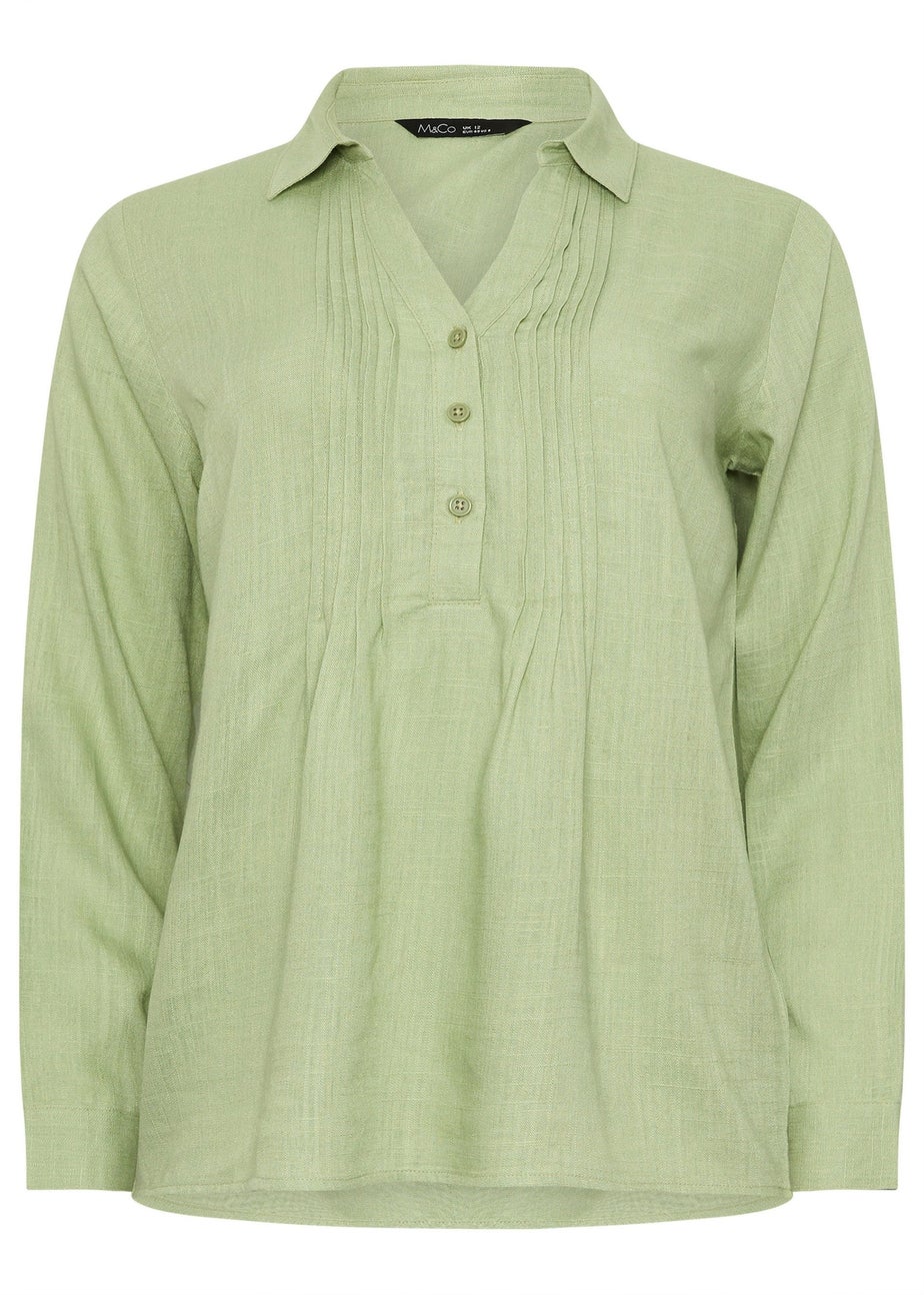 M&Co Sage Green Pintuck Detail Linen Shirt