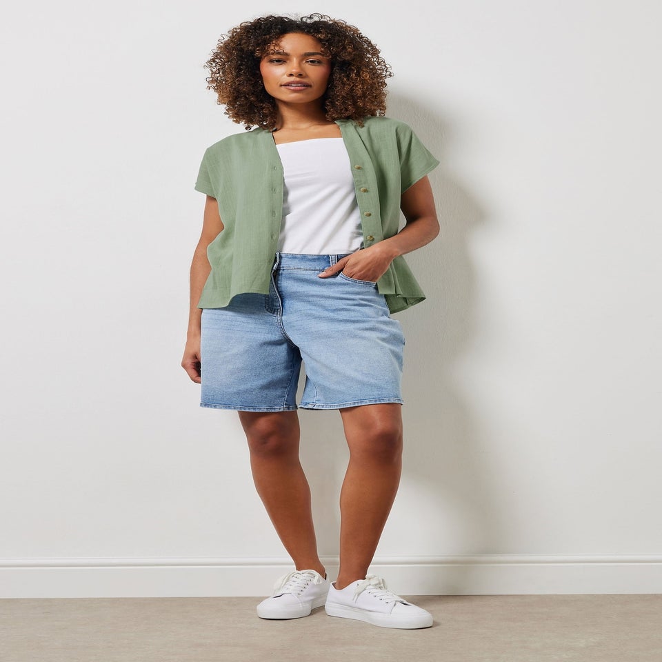 M&Co Sage Green Button Through Linen Blouse