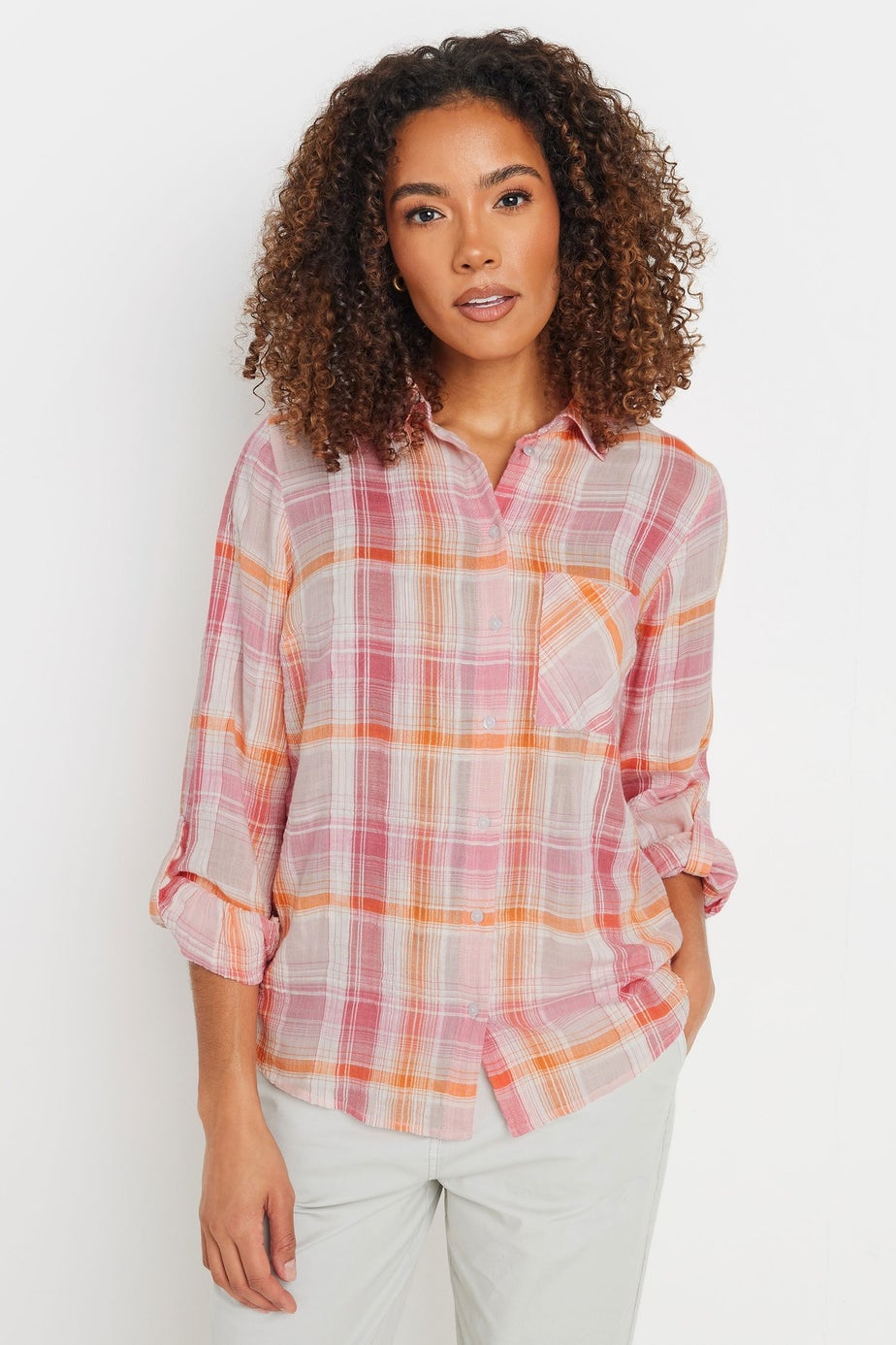 M&Co Pink Check Dobby Tab Sleeve Shirt
