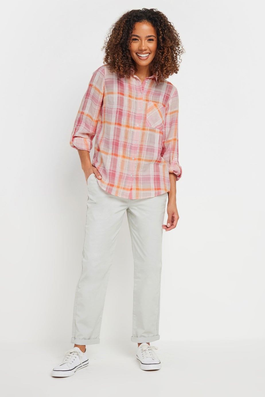 M&Co Pink Check Dobby Tab Sleeve Shirt