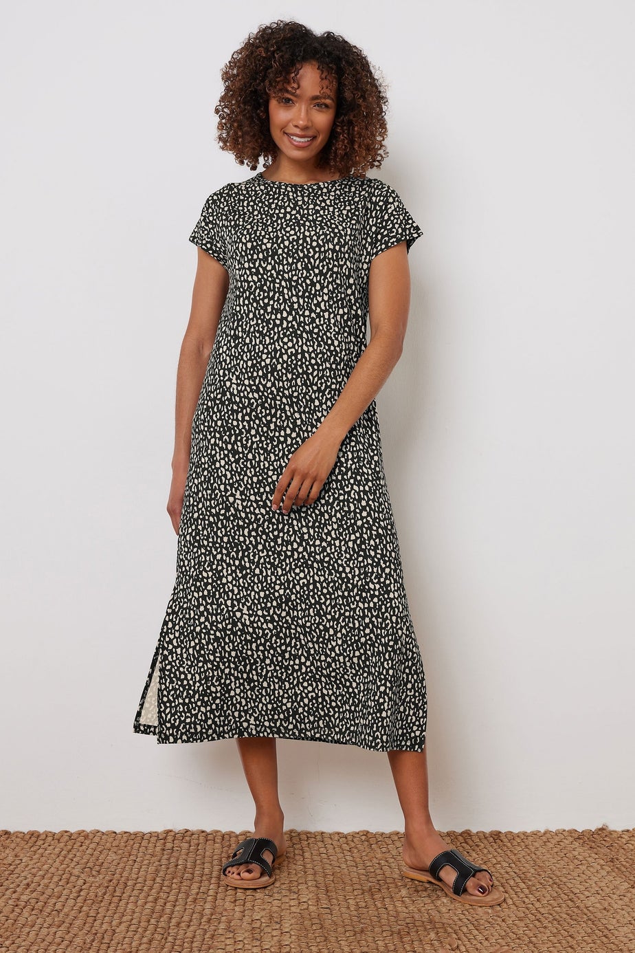 M&Co Black Animal Print Short Sleeve Midi Dress
