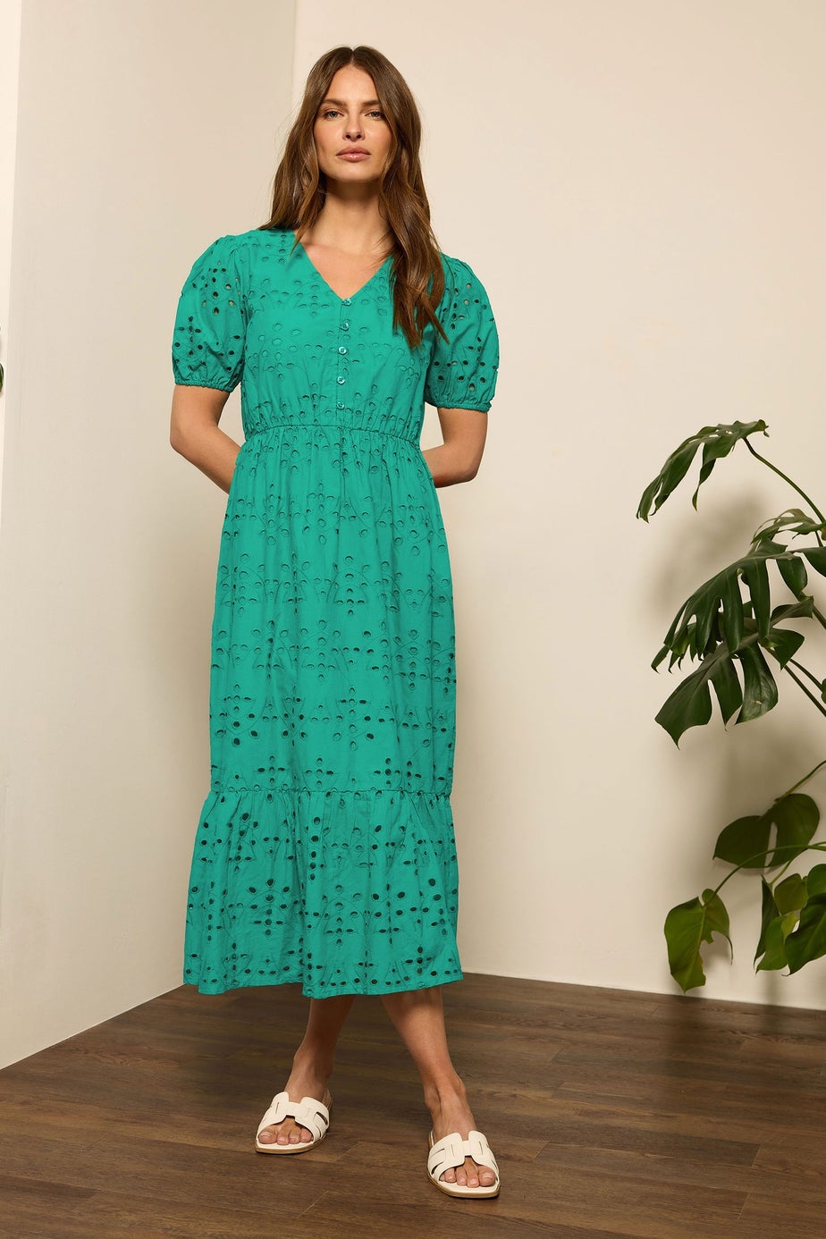 M&Co Green Cotton Broderie Tiered Dress
