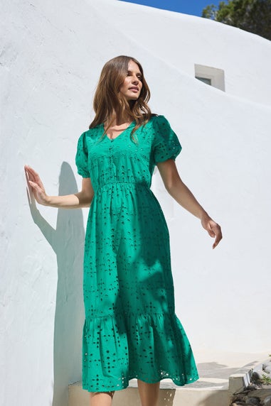 M&Co Green Cotton Broderie Tiered Dress