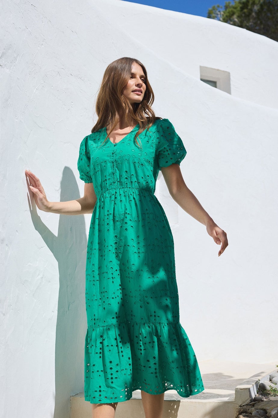 M&Co Green Cotton Broderie Tiered Dress
