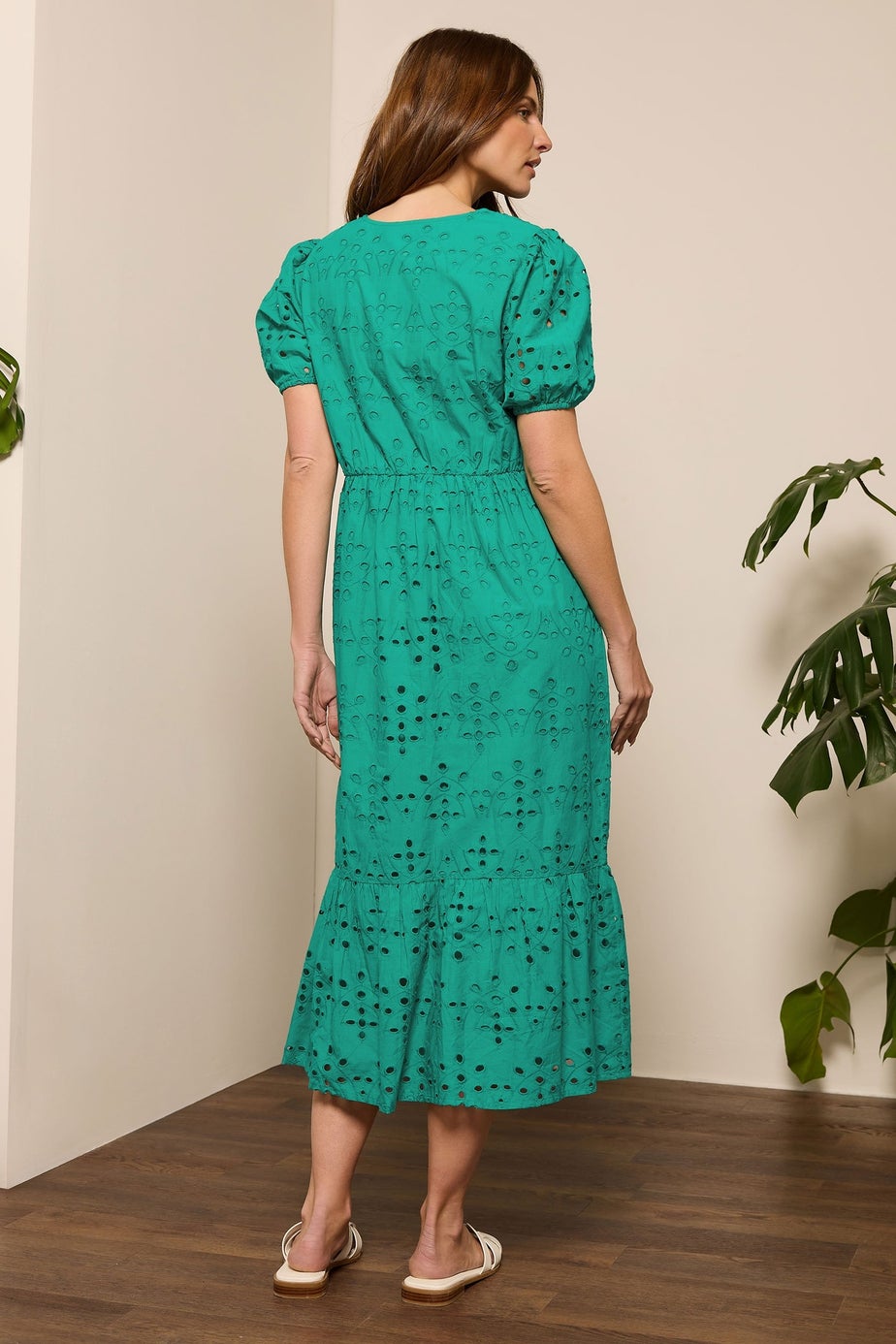 M&Co Green Cotton Broderie Tiered Dress