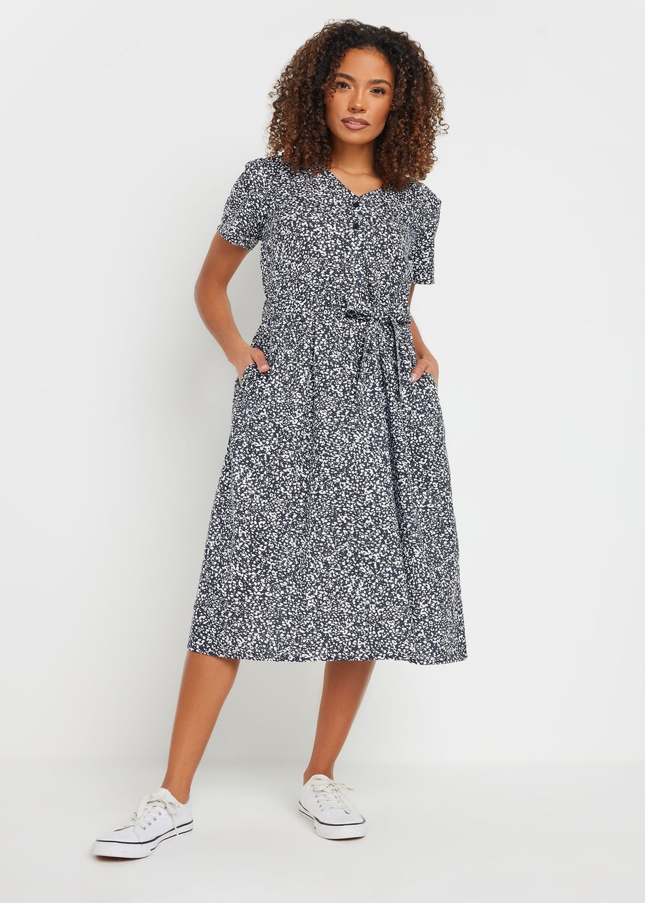 M&Co Navy Blue Spot Print Belted Midi Dress
