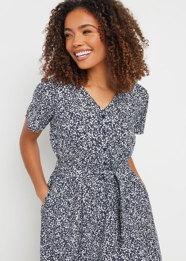 M&Co Navy Blue Spot Print Belted Midi Dress