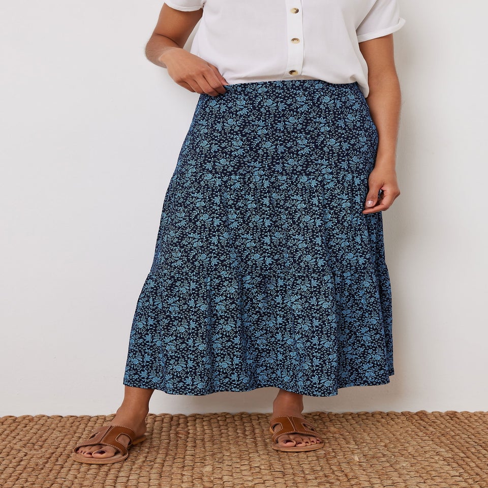 M&Co Navy Blue Floral Tiered Maxi Skirt