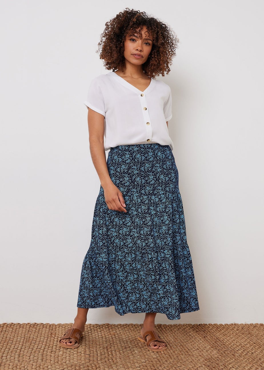 M&Co Navy Blue Floral Tiered Maxi Skirt