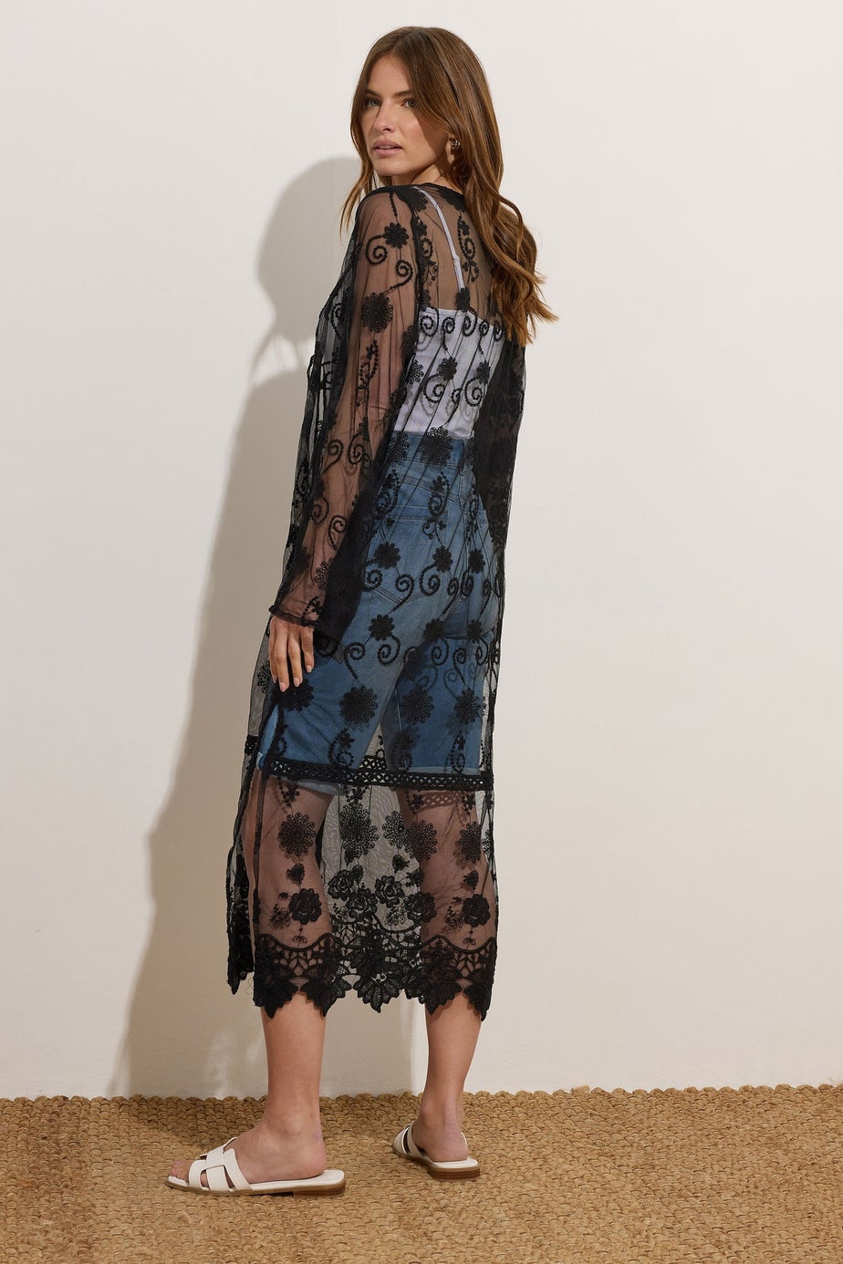 M&Co Black Mesh Embroidered Tie Front Kimono