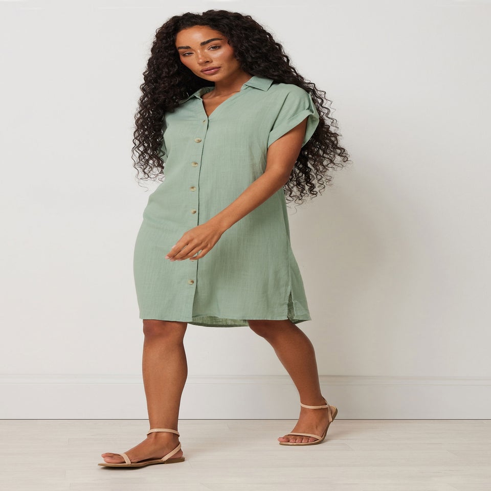 M&Co Petite Sage Green Relaxed Linen Shirt Dress