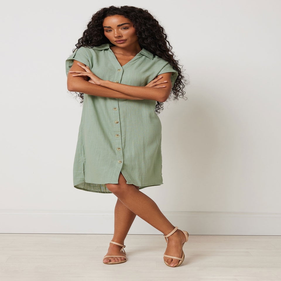 M&Co Petite Sage Green Relaxed Linen Shirt Dress