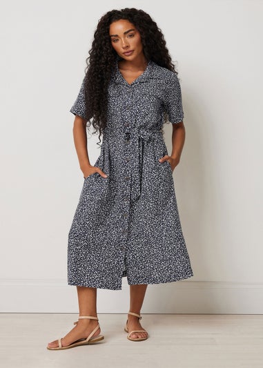 M&Co Petite Navy Blue Abstract Print Linen Shirt Dress