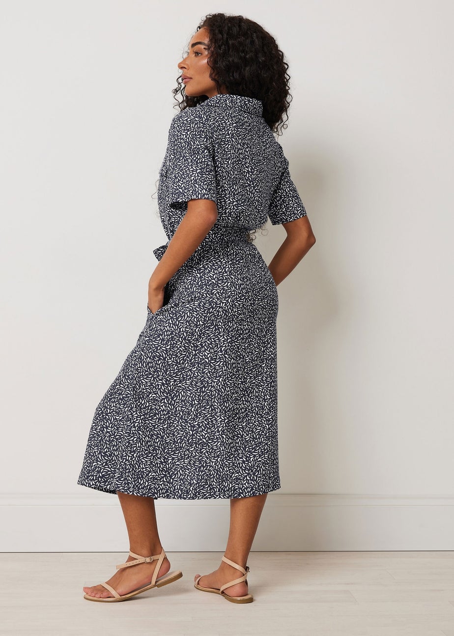 M&Co Petite Navy Blue Abstract Print Linen Shirt Dress