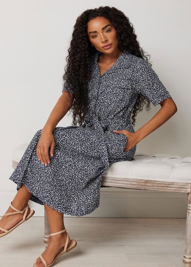 M&Co Petite Navy Blue Abstract Print Linen Shirt Dress