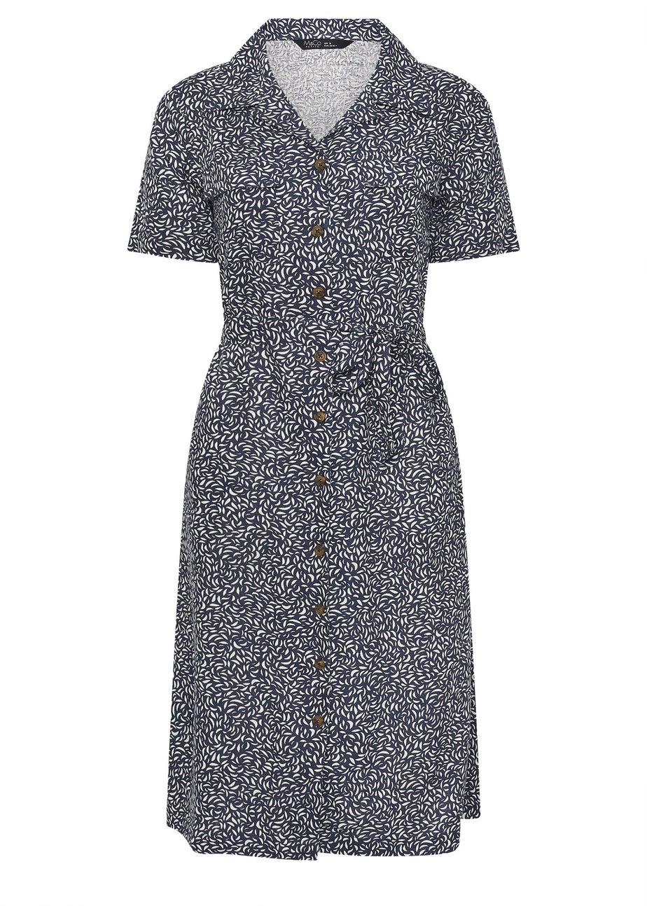 M&Co Petite Navy Blue Abstract Print Linen Shirt Dress