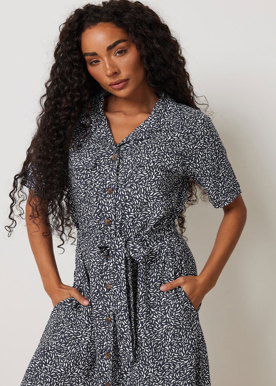 M&Co Petite Navy Blue Abstract Print Linen Shirt Dress
