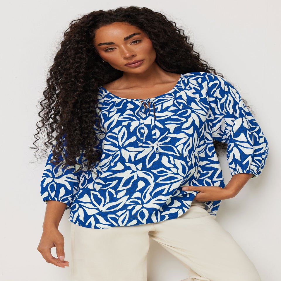 M&Co Petite Blue Leaf Print Tie Neck Linen Blouse