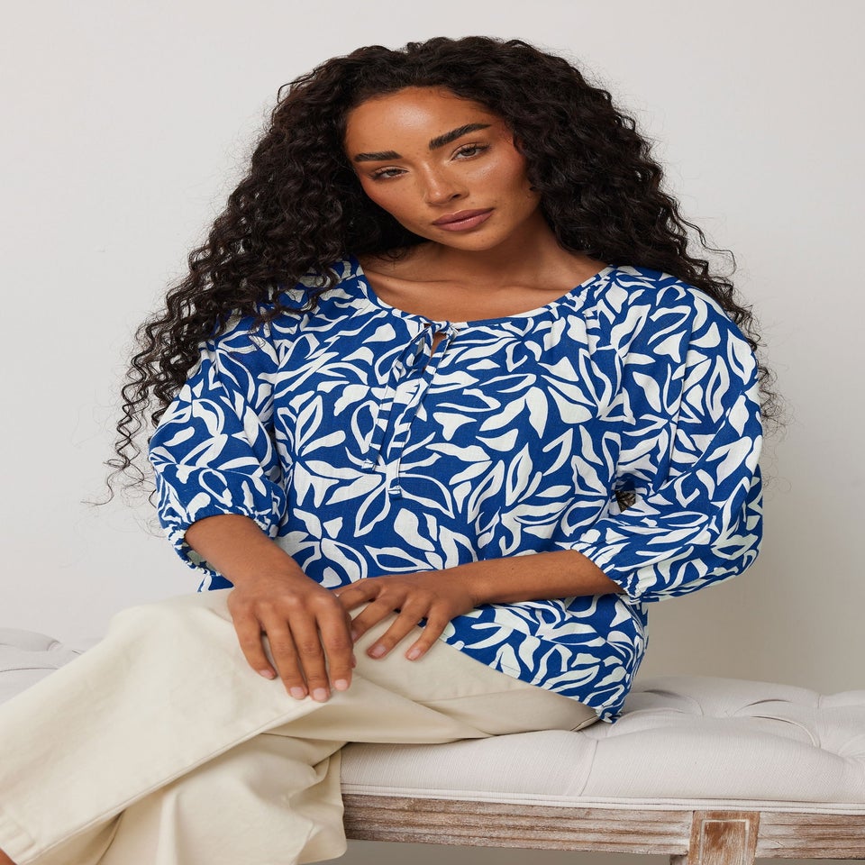 M&Co Petite Blue Leaf Print Tie Neck Linen Blouse