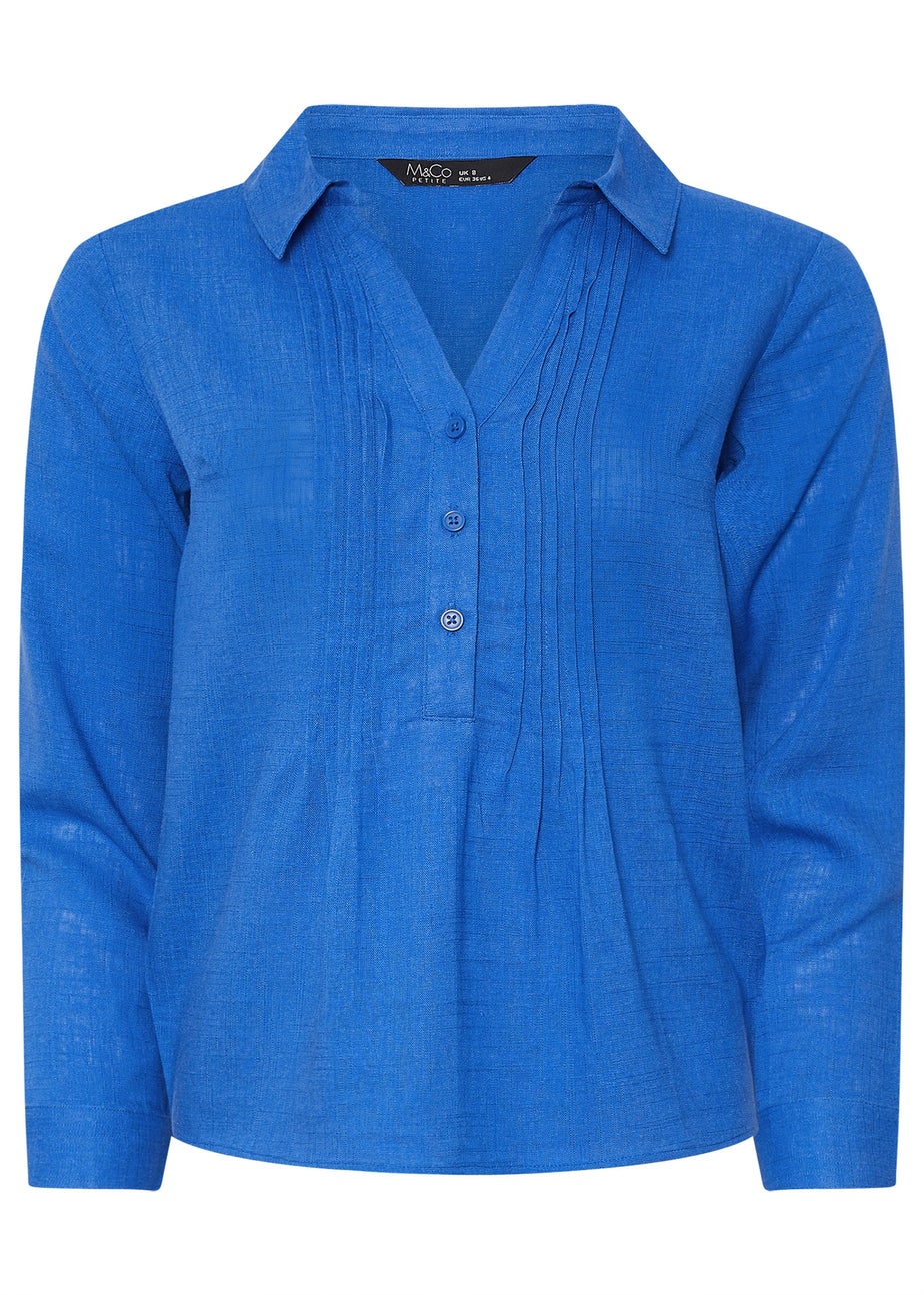 M&Co Petite Blue Pintuck Detail Linen Shirt