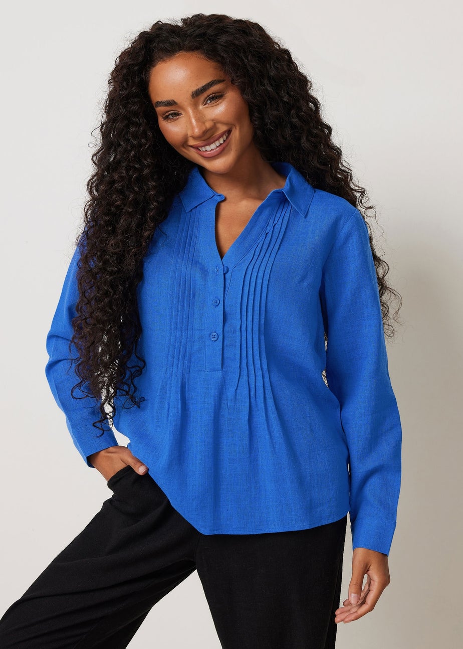 M&Co Petite Blue Pintuck Detail Linen Shirt