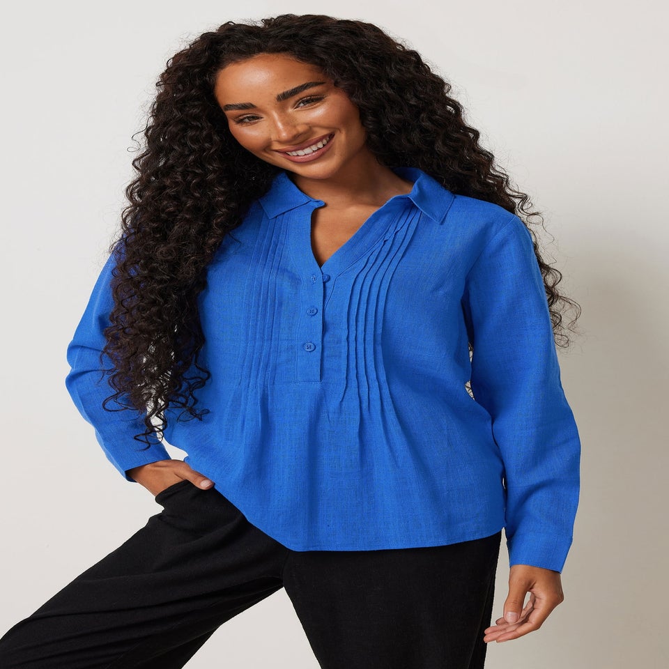 M&Co Petite Blue Pintuck Detail Linen Shirt