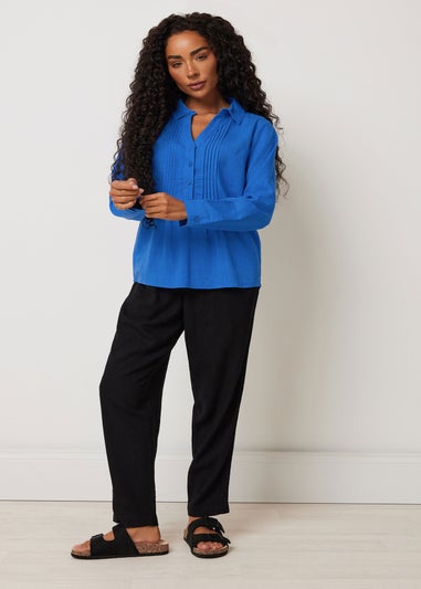 M&Co Petite Blue Pintuck Detail Linen Shirt