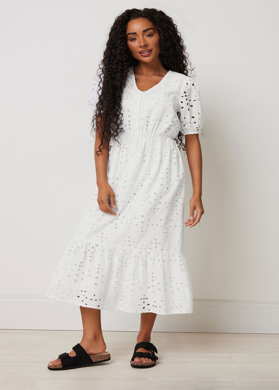 M&Co Petite White Cotton Broderie Tiered Dress