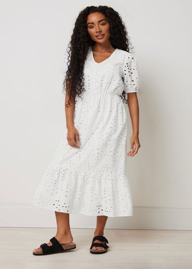 M&Co Petite White Cotton Broderie Tiered Dress