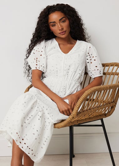 M&Co Petite White Cotton Broderie Tiered Dress