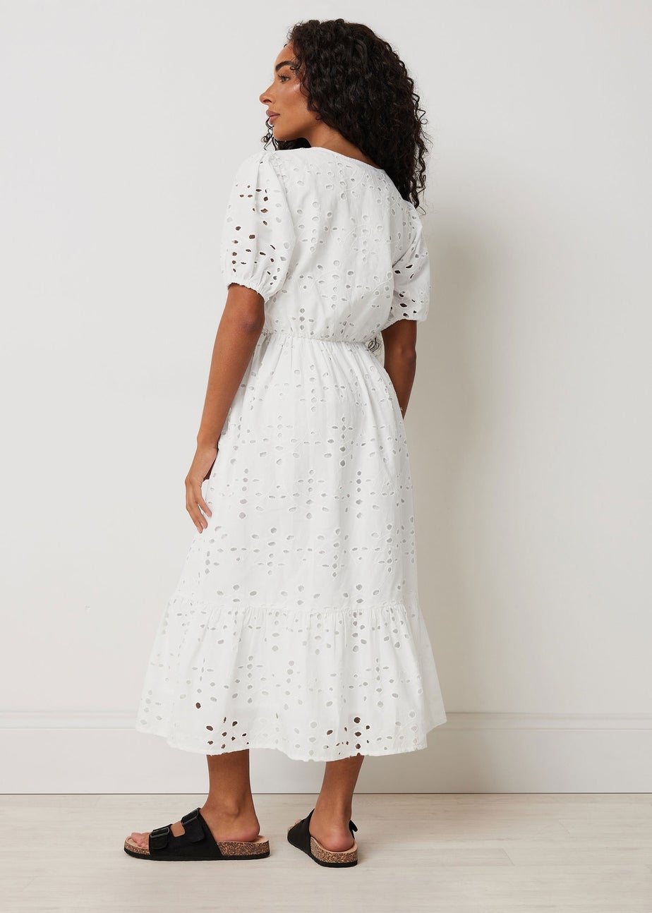 M&Co Petite White Cotton Broderie Tiered Dress