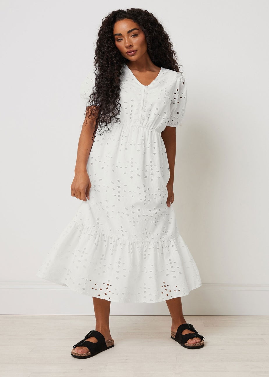M&Co Petite White Cotton Broderie Tiered Dress