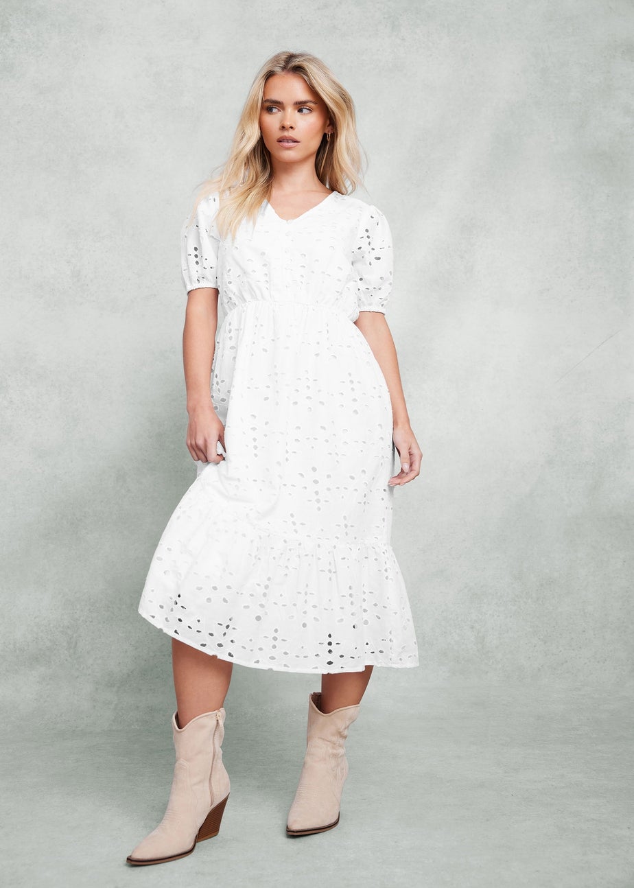 M&Co Petite White Cotton Broderie Tiered Dress