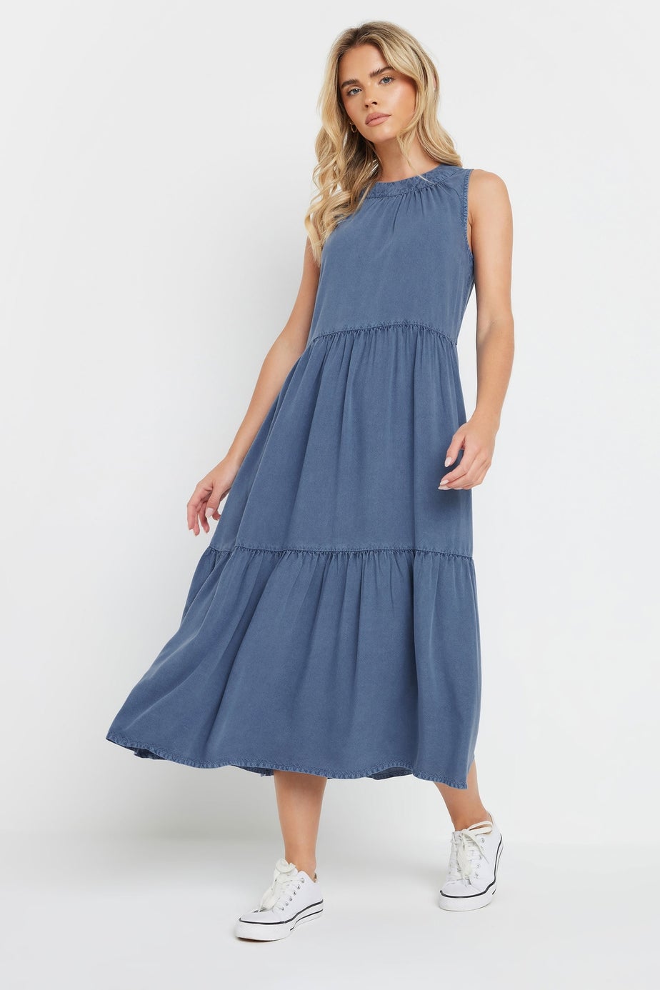 M&Co Petite Blue Acid Wash Tiered Dress