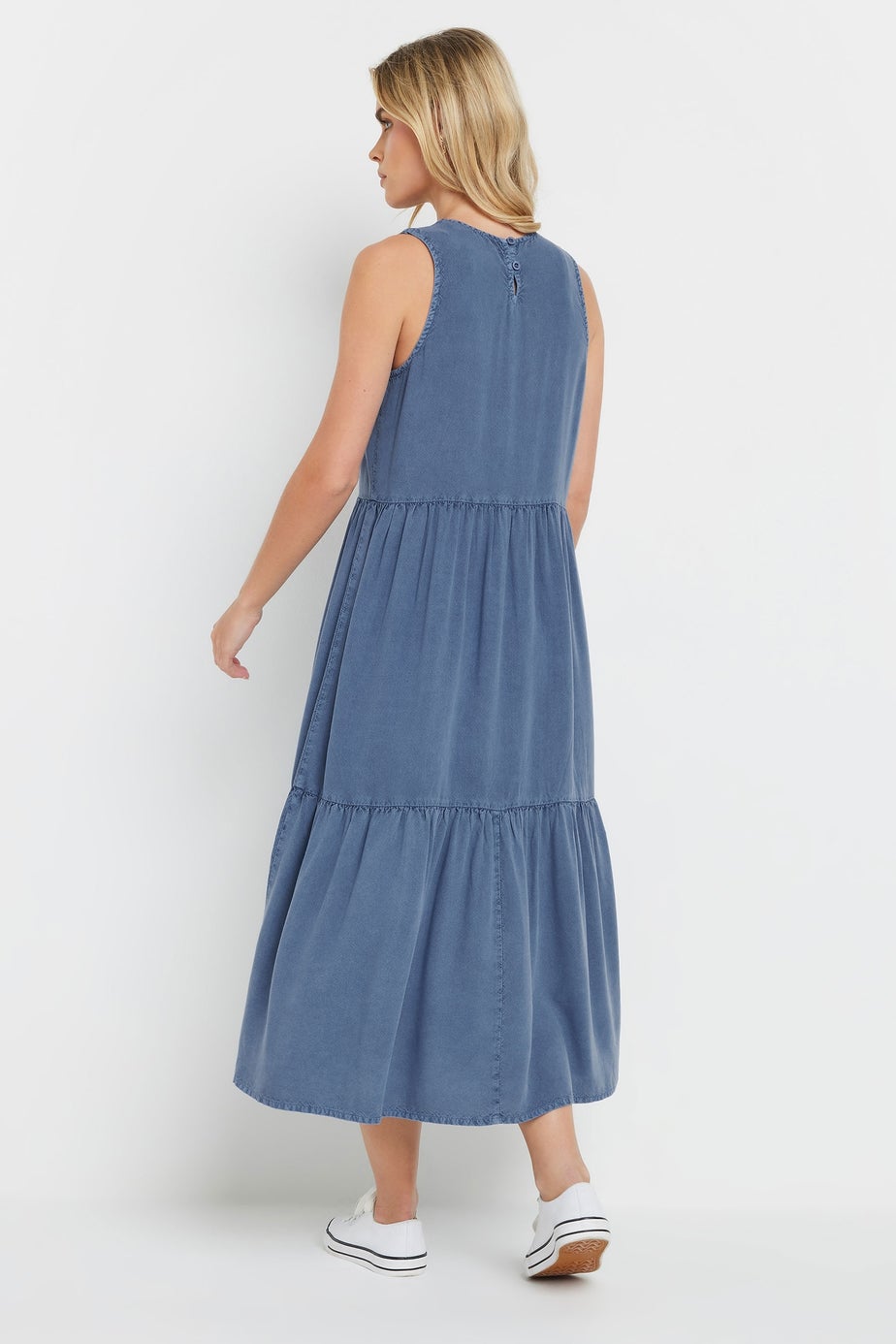 M&Co Petite Blue Acid Wash Tiered Dress