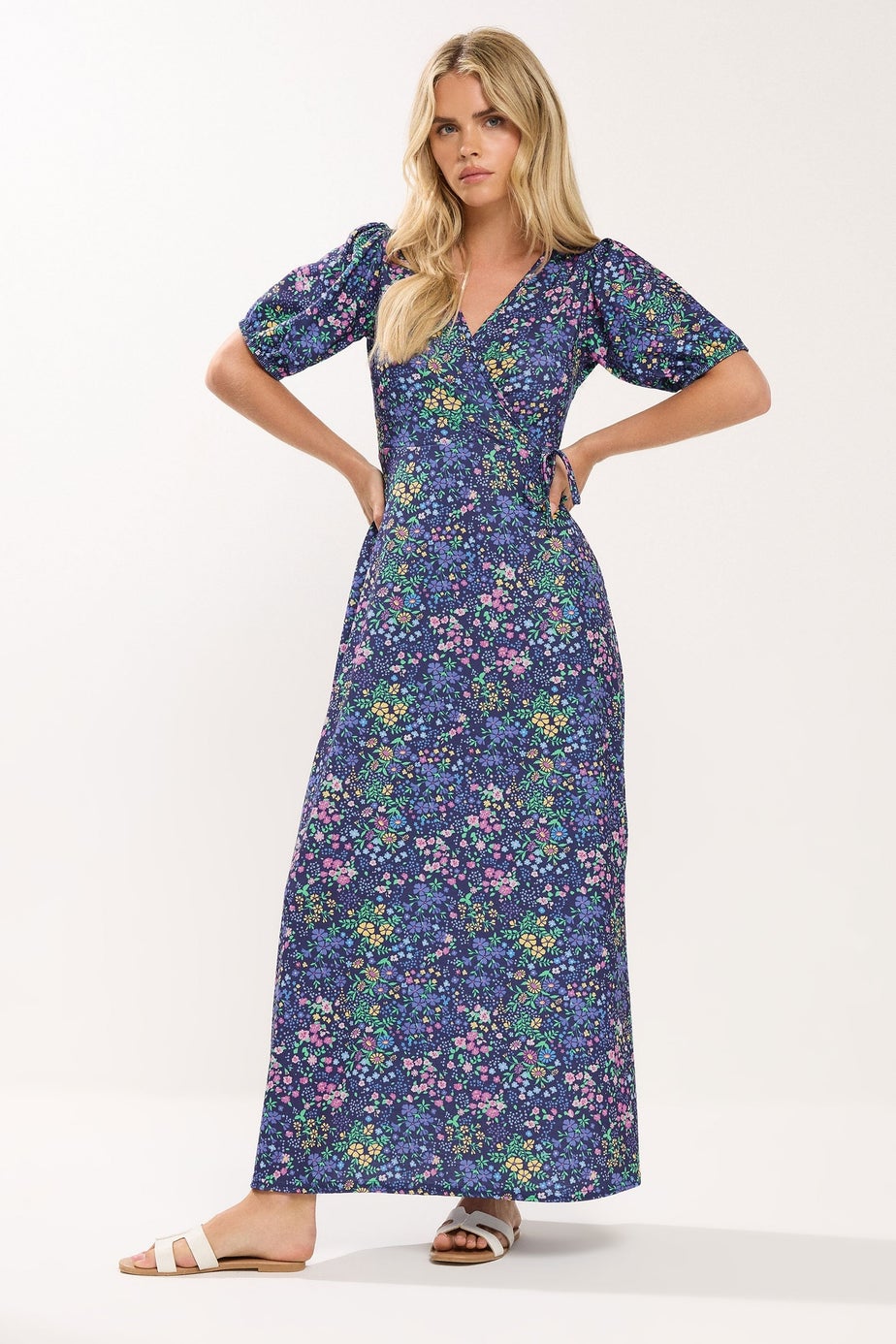 M&Co Petite Navy Blue Ditsy Floral Wrap Maxi Dress